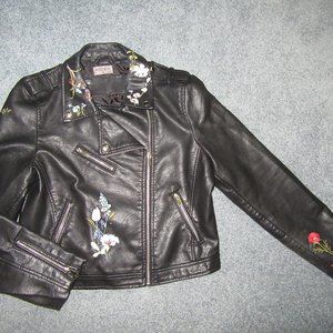 AIDEN Faux Leather Moto Biker Jacket Asymmetrical EMBROIDERED Full Zip Black M